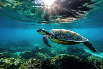 Sea Turtle Underwater Ocean View by a Scuba Diver Snorkeling, Tourism Travel, Stunning Scenic Seascape Wallpaper, Generative AI
