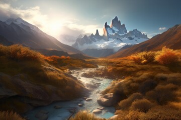 Naklejka na ściany i meble Sunrise over the Patagonia Mountain Range, Argentina, Chile in South America in Autumn, Stunning Scenic Landscape Wallpaper, Generative AI