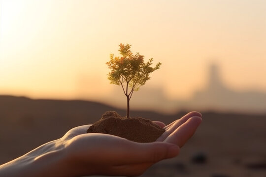 Nature protection and planet Earth protection concept. Human holding growing small tree in hands. Planting trees and save nature and forest idea. Desert in background during sunset. Generative AI