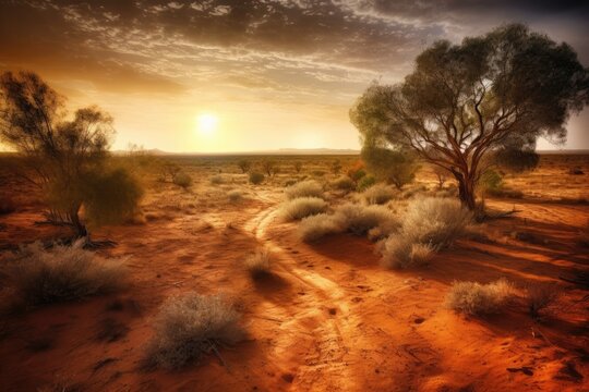 Sunset over Australian Outback Desert in Australia, Stunning Scenic Landscape Wallpaper, Generative AI
