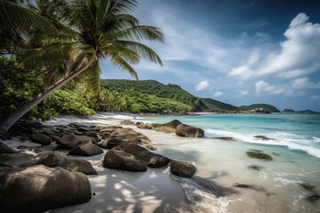 Fototapeta na wymiar Sunny Caribbean Tropical Island Paradise with Sandy Beach and Palm Trees, Stunning Travel Scenic Landscape Wallpaper, Generative AI