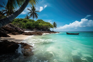 Sunny Caribbean Tropical Island Paradise with Sandy Beach and Palm Trees, Stunning Travel Scenic Landscape Wallpaper, Generative AI