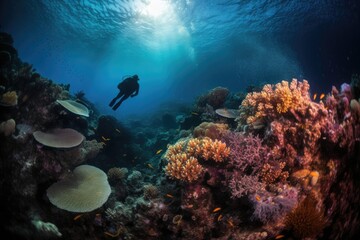 Naklejka na ściany i meble scuba diving in tropical ocean coral reef sea under water, snorkel diver, marine life, travel, tourism, Generative AI