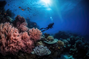 Fototapeta premium scuba diving in tropical ocean coral reef sea under water, scuba diver, diver, swim, caribbean, fiji, maldives, snorkel, marine life, aquatic, aqua blue, Generative AI