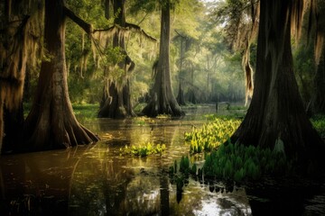 Louisiana Southern Bayou Swamp with Bald Cypress Trees and Spanish Moss at Sunset, Stunning Scenic Landscape Wallpaper, Generative AI - obrazy, fototapety, plakaty