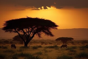 Fototapeta na wymiar African Kenyan Sunset Landscape, Tree in Silhouette, Stunning Safari Scenic Travel Landscape Wallpaper, Generative AI