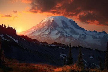 Obraz premium Mount Rainier National Park at Sunset, Alpine Wildflower Meadow in Summer, Stunning Scenic Landscape Wallpaper, Generative AI