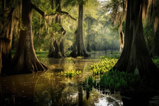 Louisiana Southern Bayou Swamp with Bald Cypress Trees and Spanish Moss at Sunset, Stunning Scenic Landscape Wallpaper, Generative AI