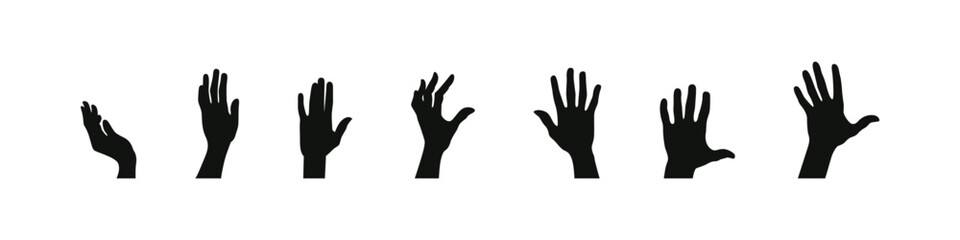 Fototapeta premium Hand gesture black vector isolated set. Raised hands different gestures. Human palm flat pose collection. 