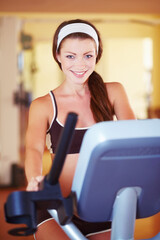 Woman, treadmill and gym portrait with happiness, excited face and steps for fitness, wellness or health. Girl runner, running machine and happy for workout, exercise or training for self care goal