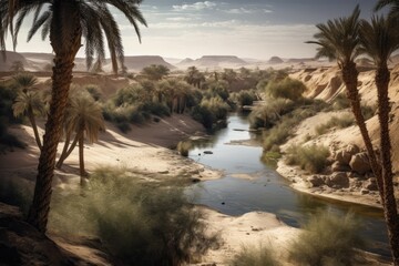 Egyptian, Nile River Valley with Palm Trees, Stunning Egyptian Scenic Landscape Wallpaper, Generative AI