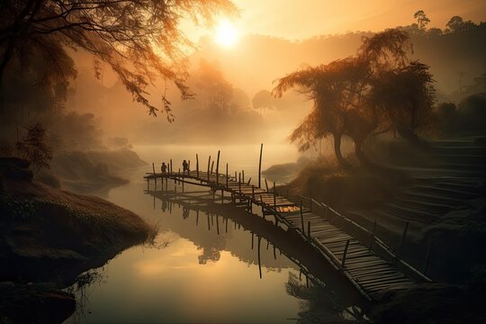 Vietnam Sunrise of a Bridge over Calm Water, Stunning Scenic Landscape Wallpaper, Generative AI
