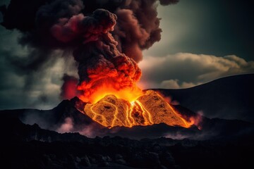 Volcanic Mountain Eruption with Lava, Ash, and Fire Exploding in to the Sky, Stunning Volcano Scenic Landscape Wallpaper, Generative AI