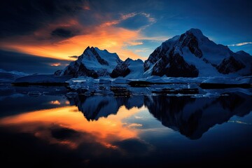 Fototapeta na wymiar Antarctic Iceberg at Sunset, Glacier Melting and Global Warming, Stunning Scenic Landscape Wallpaper, Generative AI
