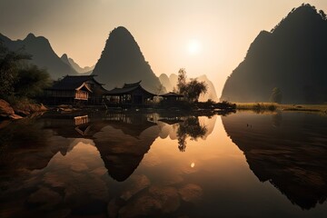Guangxi Province China, Chinese Fishermen Boat, Li, River, Sunset, Stunning Scenic Landscape Wallpaper, Generative AI