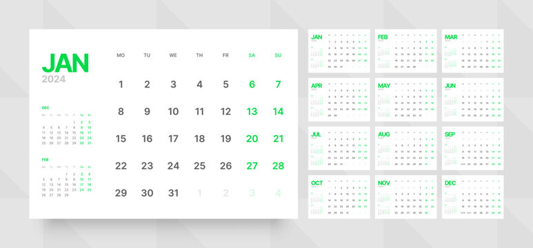 Monthly calendar template for 2024 year. Wall calendar grid in a minimalist style. Week Starts on Monday. Planner for 2024 year.
