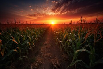 Midwest Corn Field Rows at Sunset, Stunning Scenic Landscape Wallpaper, Generative AI - obrazy, fototapety, plakaty