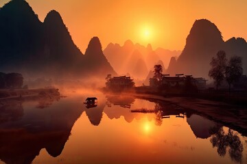 Guangxi Province China, Chinese Fishermen Boat, Li, River, Sunset, Stunning Scenic Landscape Wallpaper, Generative AI - obrazy, fototapety, plakaty