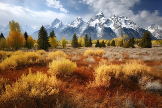 Grand Teton National Park, Wyoming in Fall, American West, Stunning Scenic Landscape Wallpaper, Generative AI