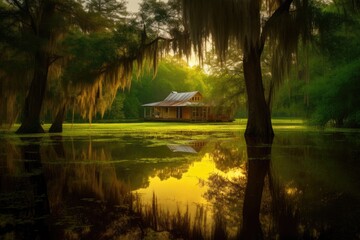 Old Southern Bayou Plantation House with Trees, Stunning Scenic Landscape Wallpaper, Generative AI