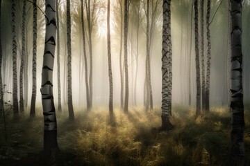 Fototapeta premium Aspen Tree Forest Morning Sunrise, Sunbeams through morning fog and mist, Scenic Landscape Wallpaper, Generative AI