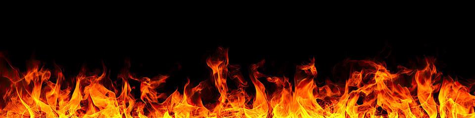 Fire flames on black background. fire isolated over black background. Texture of fire on black background. Abstract fire flame background, large burning fire © Celt Studio