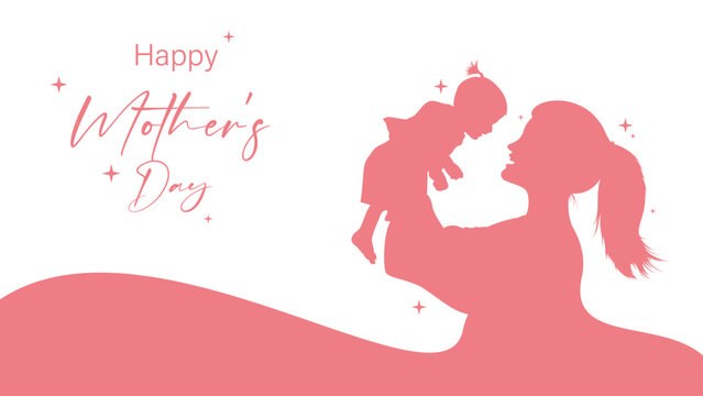 Happy mothers day caption isolated on white background with motherhood silhouette vector image.
