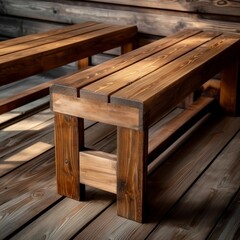 Fototapeta premium A typical table with benches on both sides is set against a background of wooden walls and floors.