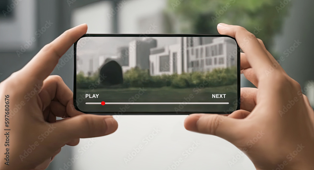 Poster close up of hands with mobile phone and watch video. using digital technologies in modern life. gene