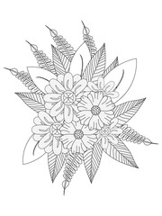 Floral picture in black and white for adult coloring books.  Doodle ornament. Outline hand draw vector illustration.