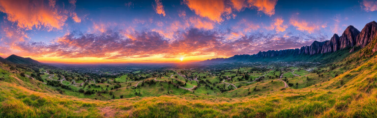 Fototapeta na wymiar beautiful sunset over mountains and hills of pastures and farms in villages. Amazing colorful sky and incredible landscape to travel. Generative AI