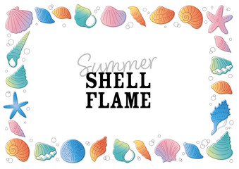 貝がらやヒトデの線画手書きベクターフレーム／テキストあり／グラデーション