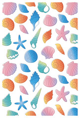 貝がらやヒトデの線画手書きベクターイラスト／ポストカードサイズ／グラデーション