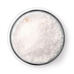 Fine sea salt in a dish of white, isolated on white. a top view, Generative AI.