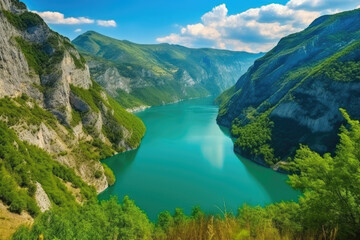 Aerial photography of a lake in a canyon.