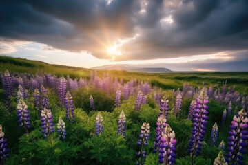 Fototapeta premium Typical Icelandic landscape with field of blooming lupine flowers