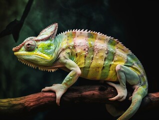 Light-style zoo with a green chameleon perched on a branch. Generative AI.