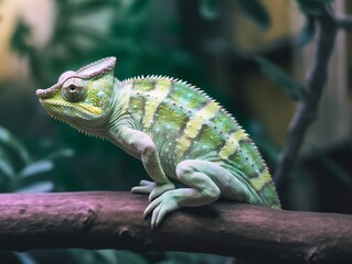 In a light-themed zoo, a green chameleon is perched on a branch. Generative AI.