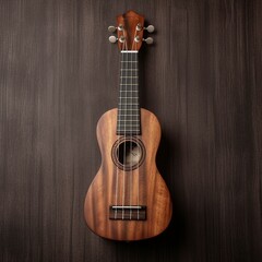 Obraz premium Hawaiian ukulele on a background made of brown wood. Generative AI.