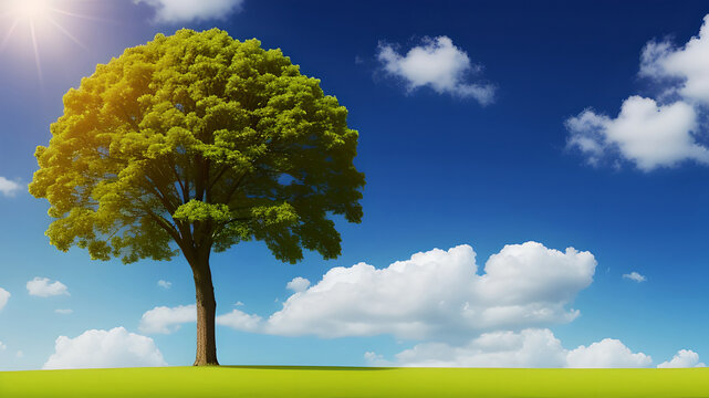 Simple Landscape Tree on Green Ground against a Blue Sky with Clouds Background Wallpaper Generative AI Illustration © Porscifant Art