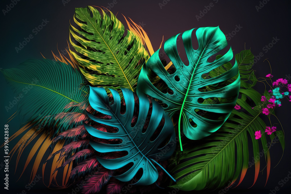 Wall mural Tropical green plants foliage background. Flawless Generative AI