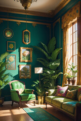 Beautiful Room Corner Couch, Chairs Plants with Paintings Daylight Outside Tall Window Green Walls Generative AI Illustration