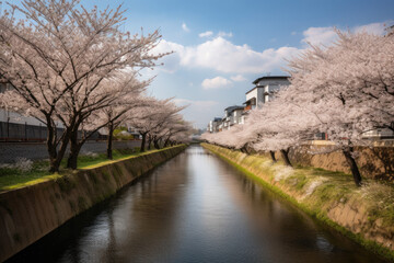 Fototapeta na wymiar Spring in Japan the kaname river cherry blossom trees in kanagawa hadano.