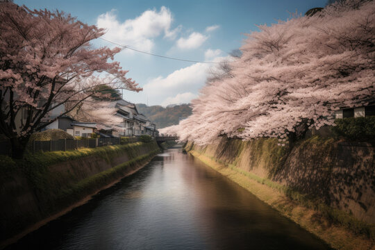 Spring in Japan the kaname river cherry blossom trees in kanagawa hadano.