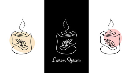 Set of minimalistic continuous line burning aroma and spa candle with stem with leaves label for the logo in various designs. Candle in one line style.