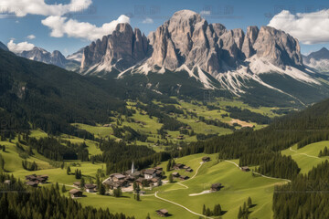 Fototapeta na wymiar Dolomites summer landscape with villages on green grassy slopes of rugged mountains.