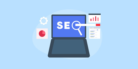 Search engine optimization - SEO text on laptop with analytics, data website information, web traffic and search ranking concept, vector illustration web banner.