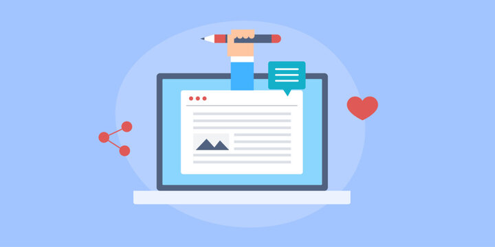 Hand holding pencil with blog post on laptop screen, content writing, social media promotion, freelance copy writing service concept, vector web banner.