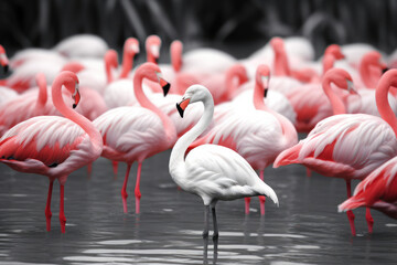 Fototapeta na wymiar A white bird standing out from a flock of flamingos.