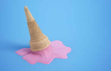 Dropped ice cream. Pink melted ice cream on blue surface. 3D illustration